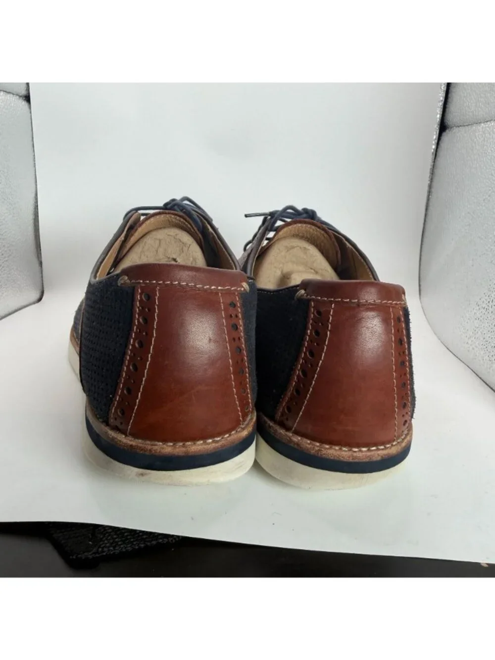 Johnston & Murphy Navy Brown Perforated Leather Sheepskin Oxford Mens Shoes 11.5